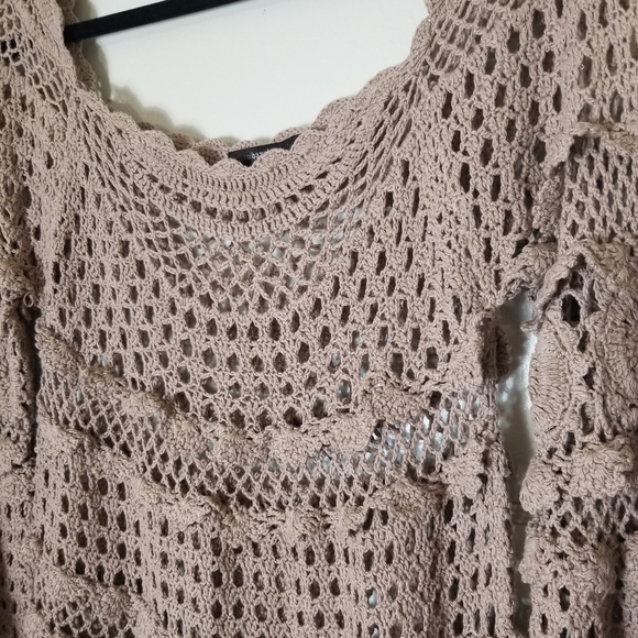 ANTHROPOLOGIE HAZEL beige crochet knit pull over 3/4 sleeve sweater top S - Picture 2 of 8